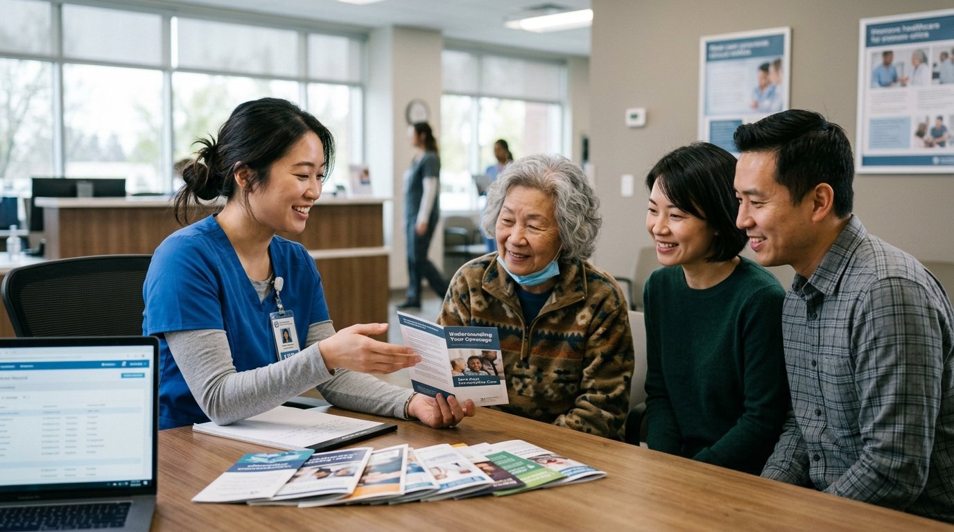 Asian healthcare navigator explaining insurance coverage and benefits to senior patient
