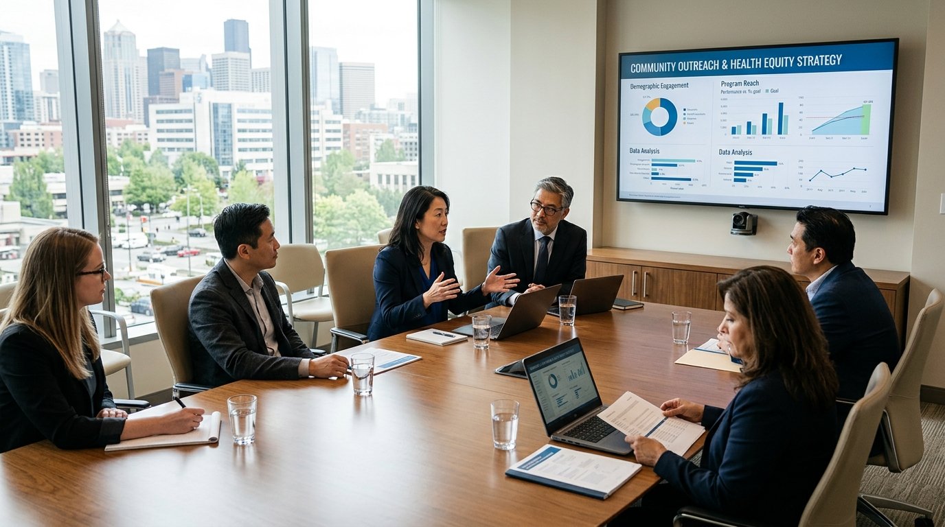Asian healthcare executives and hospital leadership collaborating on community health outreach strategy