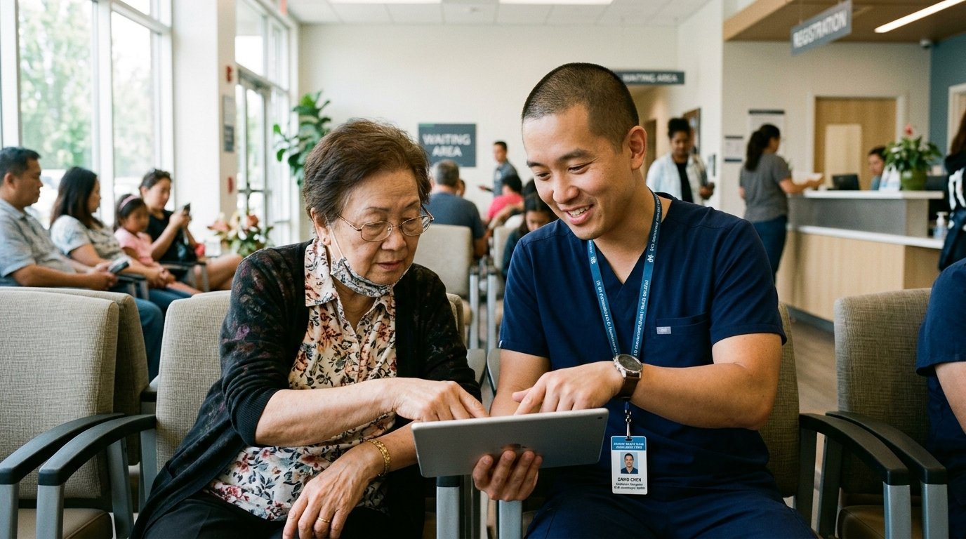 Asian healthcare navigator guiding patient through healthcare registration and benefits